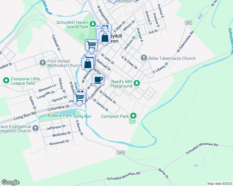 map of restaurants, bars, coffee shops, grocery stores, and more near in Schuylkill Haven