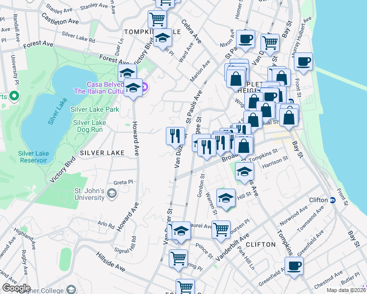 map of restaurants, bars, coffee shops, grocery stores, and more near 627 Van Duzer Street in Staten Island