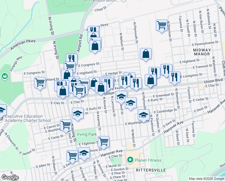 map of restaurants, bars, coffee shops, grocery stores, and more near 1210 Union Boulevard in Allentown