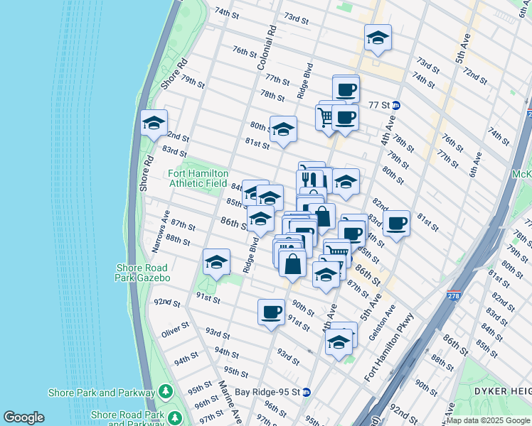 map of restaurants, bars, coffee shops, grocery stores, and more near 203 85th Street in Brooklyn