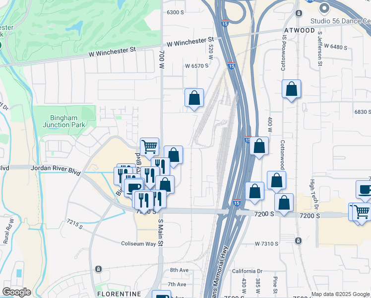 map of restaurants, bars, coffee shops, grocery stores, and more near 604 West 6960 South in Midvale