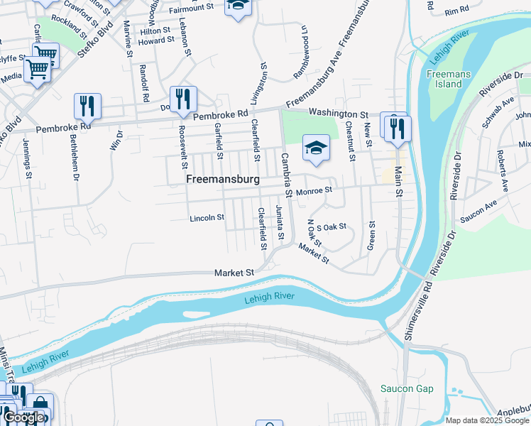 map of restaurants, bars, coffee shops, grocery stores, and more near 208 Clearfield Street in Freemansburg