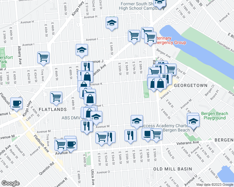 map of restaurants, bars, coffee shops, grocery stores, and more near 1347 East 54th Street in Brooklyn