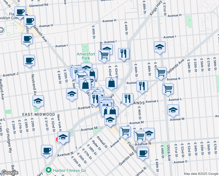 map of restaurants, bars, coffee shops, grocery stores, and more near 4101 Kings Highway in Brooklyn