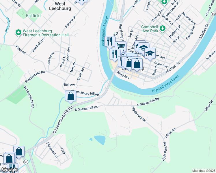 map of restaurants, bars, coffee shops, grocery stores, and more near 208 South Leechburg Hill Road in West Leechburg