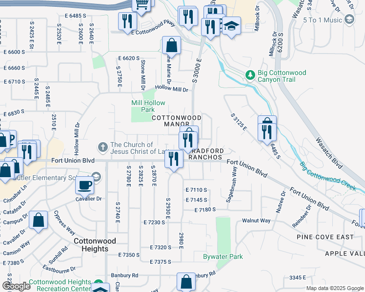map of restaurants, bars, coffee shops, grocery stores, and more near 6945 Canyon Pines Circle in Cottonwood Heights