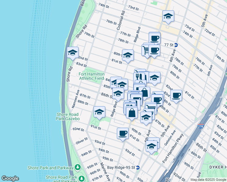 map of restaurants, bars, coffee shops, grocery stores, and more near 162 85th Street in Brooklyn