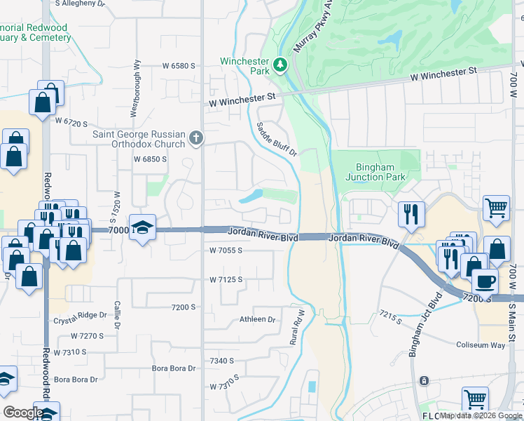 map of restaurants, bars, coffee shops, grocery stores, and more near 1143 Hollow View Way in West Jordan