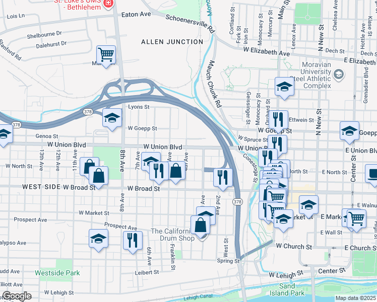 map of restaurants, bars, coffee shops, grocery stores, and more near 725 4th Avenue in Bethlehem