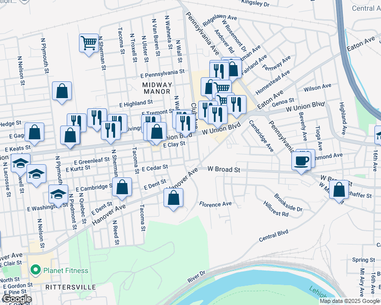 map of restaurants, bars, coffee shops, grocery stores, and more near 825 North Wall Street in Allentown