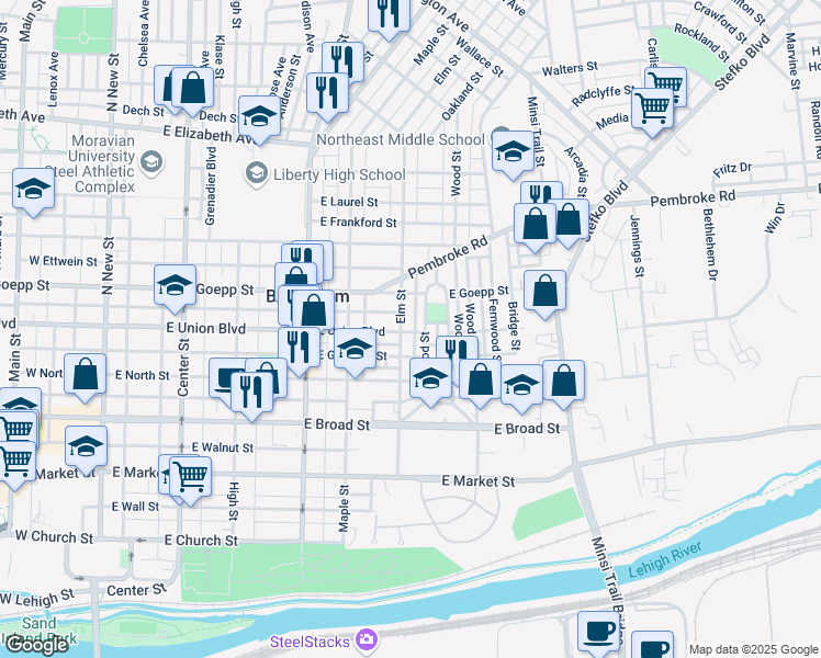 map of restaurants, bars, coffee shops, grocery stores, and more near 737 Dellwood Street in Bethlehem