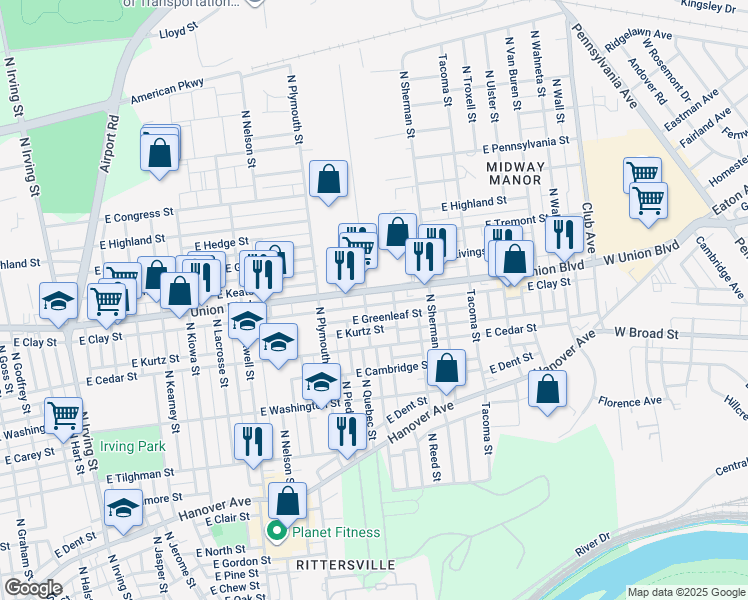 map of restaurants, bars, coffee shops, grocery stores, and more near 1701 East Greenleaf Street in Allentown