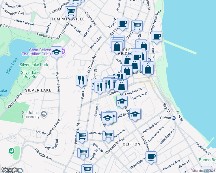 map of restaurants, bars, coffee shops, grocery stores, and more near 15 Hudson Street in Staten Island