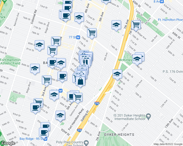 map of restaurants, bars, coffee shops, grocery stores, and more near 542 80th Street in Brooklyn