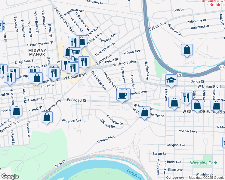 map of restaurants, bars, coffee shops, grocery stores, and more near 2011 Kenmore Avenue in Bethlehem