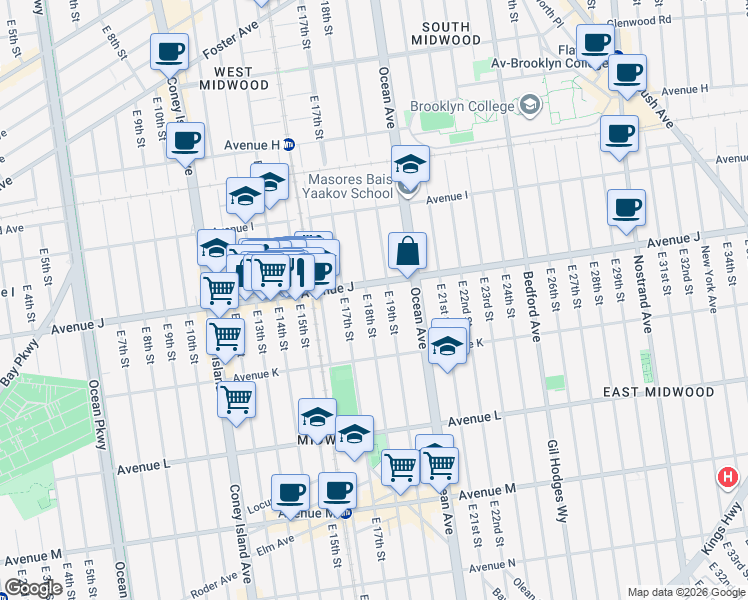 map of restaurants, bars, coffee shops, grocery stores, and more near 1070 East 19th Street in Brooklyn