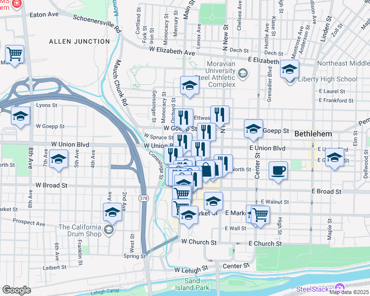 map of restaurants, bars, coffee shops, grocery stores, and more near 70 West Garrison Street in Bethlehem