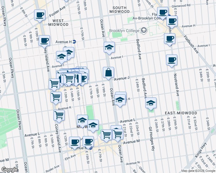 map of restaurants, bars, coffee shops, grocery stores, and more near 1520 Ocean Avenue in Brooklyn