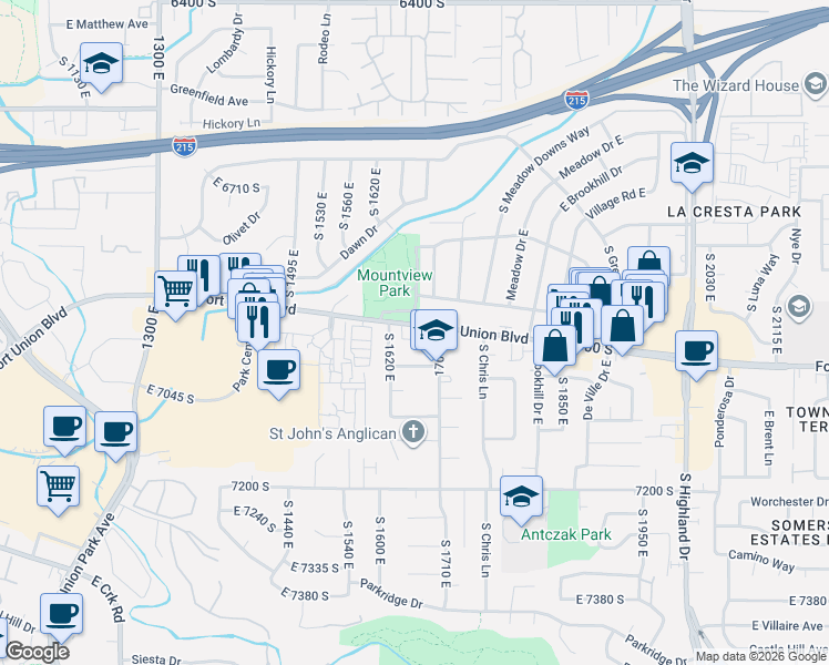 map of restaurants, bars, coffee shops, grocery stores, and more near 1662 Fort Union Boulevard in Cottonwood Heights
