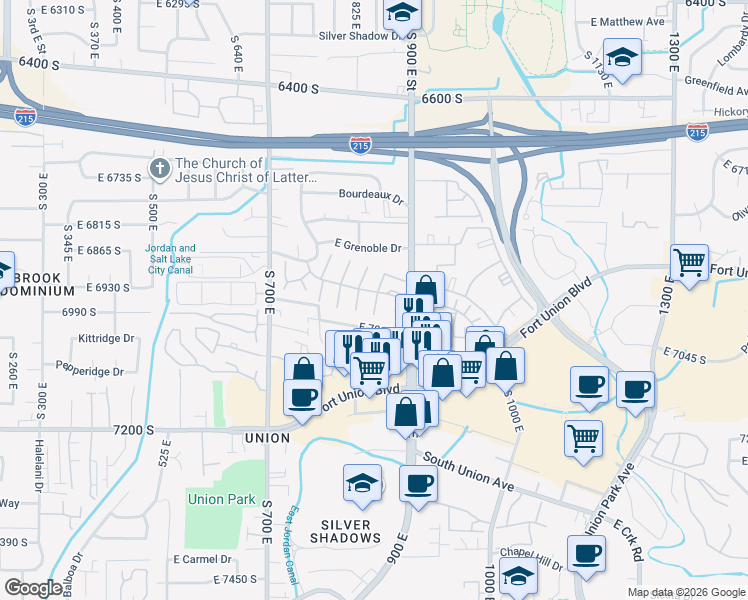 map of restaurants, bars, coffee shops, grocery stores, and more near 6962 South 880 East in Midvale