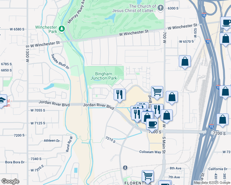 map of restaurants, bars, coffee shops, grocery stores, and more near 999 Village River Lane in Midvale