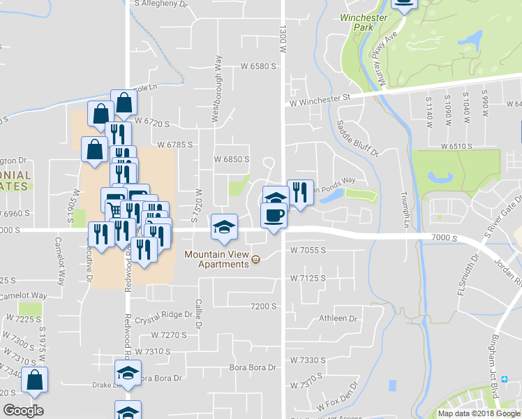 map of restaurants, bars, coffee shops, grocery stores, and more near 1326 7000 South in West Jordan