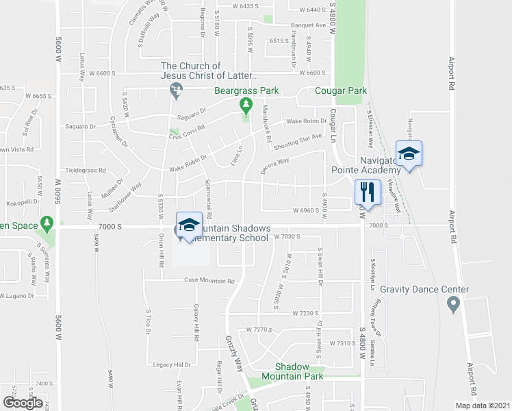 map of restaurants, bars, coffee shops, grocery stores, and more near 6967 Beargrass Road in West Jordan