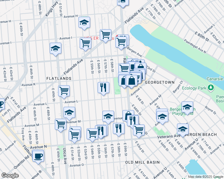 map of restaurants, bars, coffee shops, grocery stores, and more near 1234 East 58th Street in Brooklyn