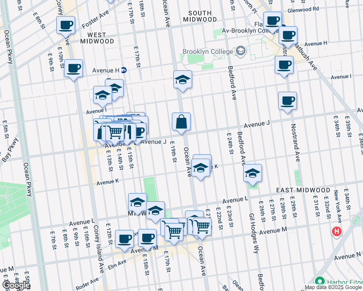 map of restaurants, bars, coffee shops, grocery stores, and more near 1535 Ocean Avenue in Brooklyn