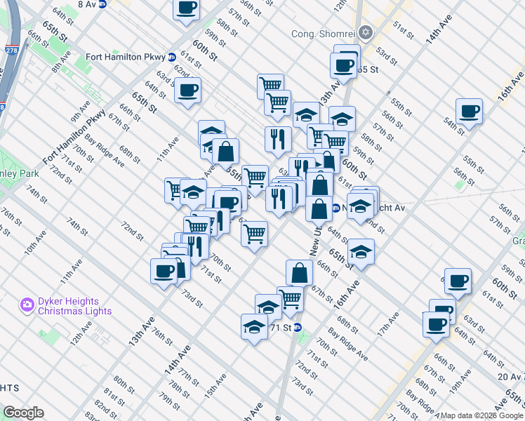 map of restaurants, bars, coffee shops, grocery stores, and more near 1350 66th Street in Brooklyn