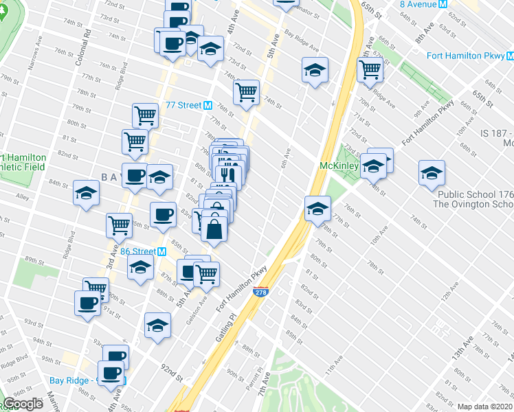 map of restaurants, bars, coffee shops, grocery stores, and more near 7926 6th Avenue in Brooklyn