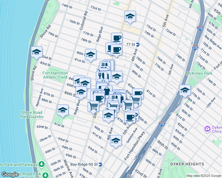 map of restaurants, bars, coffee shops, grocery stores, and more near 330 84th Street in Brooklyn