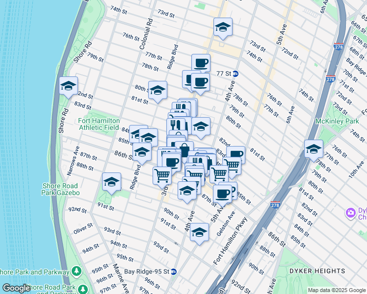 map of restaurants, bars, coffee shops, grocery stores, and more near 330 84th Street in Brooklyn