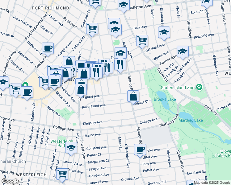 map of restaurants, bars, coffee shops, grocery stores, and more near 126 Egbert Avenue in Staten Island
