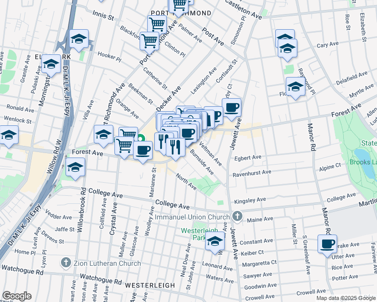 map of restaurants, bars, coffee shops, grocery stores, and more near 1431 Forest Avenue in Staten Island