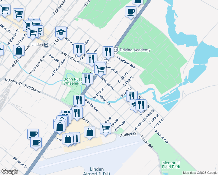 map of restaurants, bars, coffee shops, grocery stores, and more near 1206 South Wood Avenue in Linden