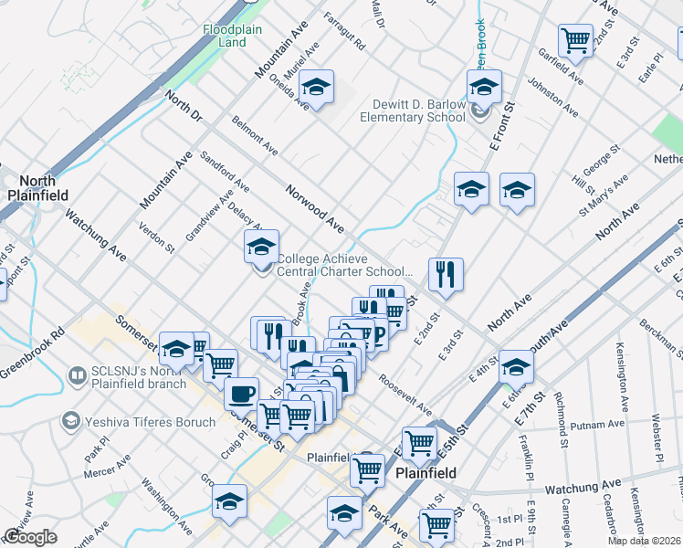 map of restaurants, bars, coffee shops, grocery stores, and more near 50 Sandford Avenue in Plainfield