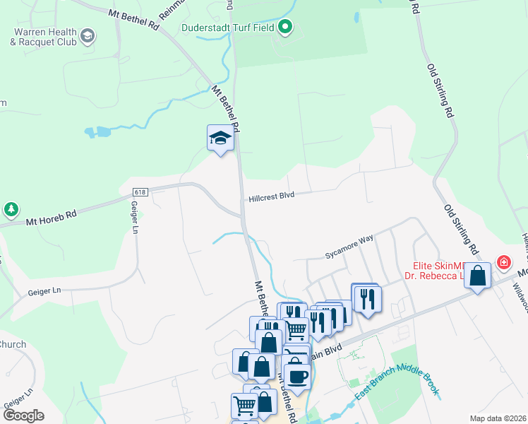 map of restaurants, bars, coffee shops, grocery stores, and more near 3 Maxwell Court in Warren