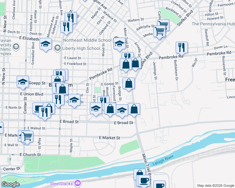 map of restaurants, bars, coffee shops, grocery stores, and more near 750 Fernwood Street in Bethlehem