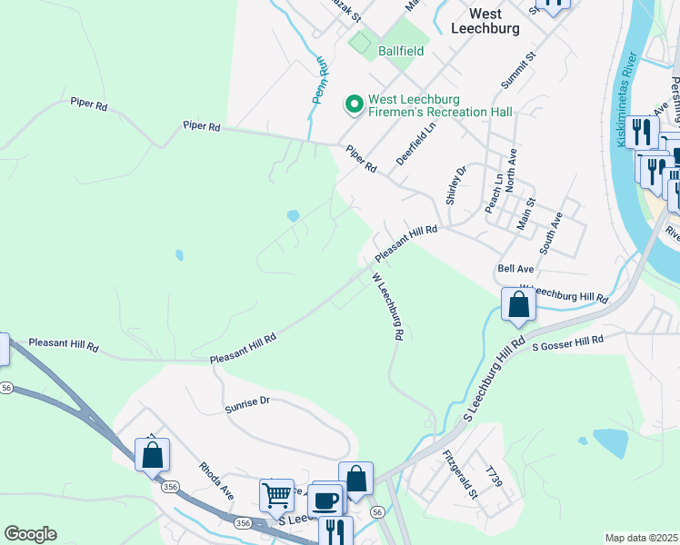 map of restaurants, bars, coffee shops, grocery stores, and more near 981 Pleasant Hill Road in Leechburg