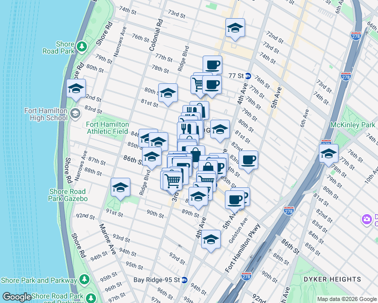 map of restaurants, bars, coffee shops, grocery stores, and more near 3rd Ave & 84th St in Brooklyn