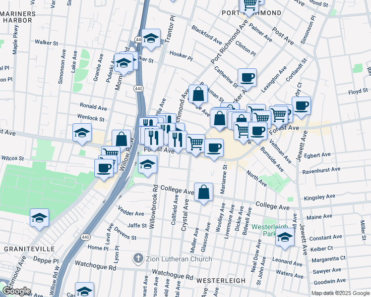 map of restaurants, bars, coffee shops, grocery stores, and more near 11 Pontiac Street in Staten Island