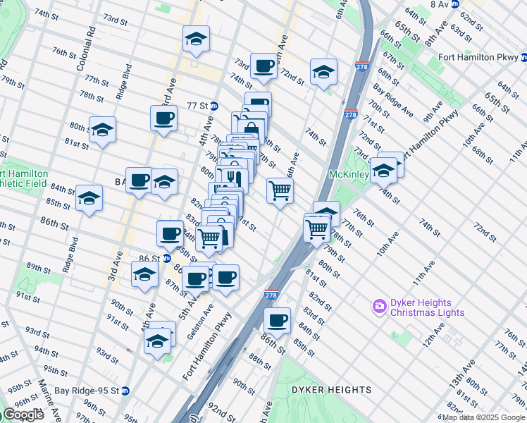 map of restaurants, bars, coffee shops, grocery stores, and more near 561 80th Street in Brooklyn