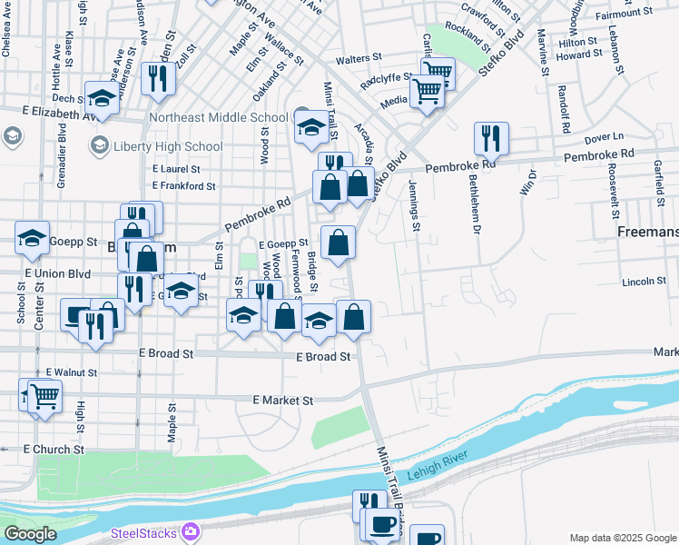 map of restaurants, bars, coffee shops, grocery stores, and more near 811 Stefko Boulevard in Bethlehem