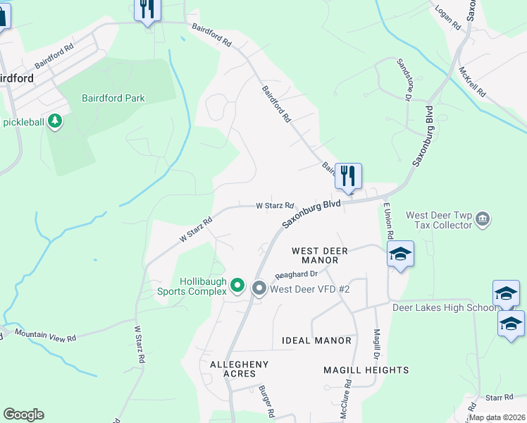 map of restaurants, bars, coffee shops, grocery stores, and more near 452 West Starz Road in Cheswick