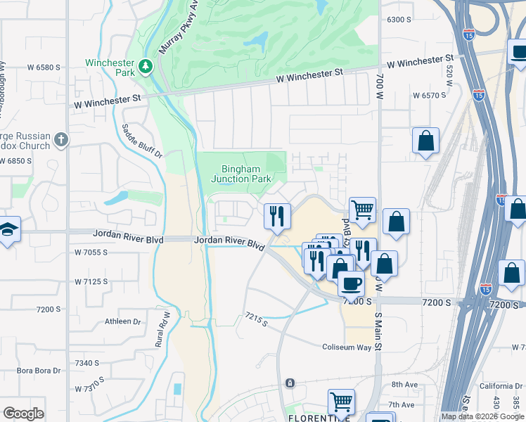 map of restaurants, bars, coffee shops, grocery stores, and more near 1019 Village River Lane in Midvale