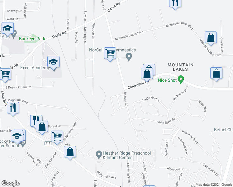 map of restaurants, bars, coffee shops, grocery stores, and more near 4202 Bradley Drive in Redding