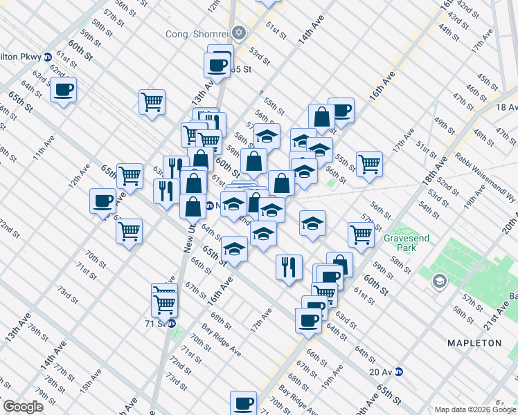 map of restaurants, bars, coffee shops, grocery stores, and more near 1554 61st Street in Brooklyn