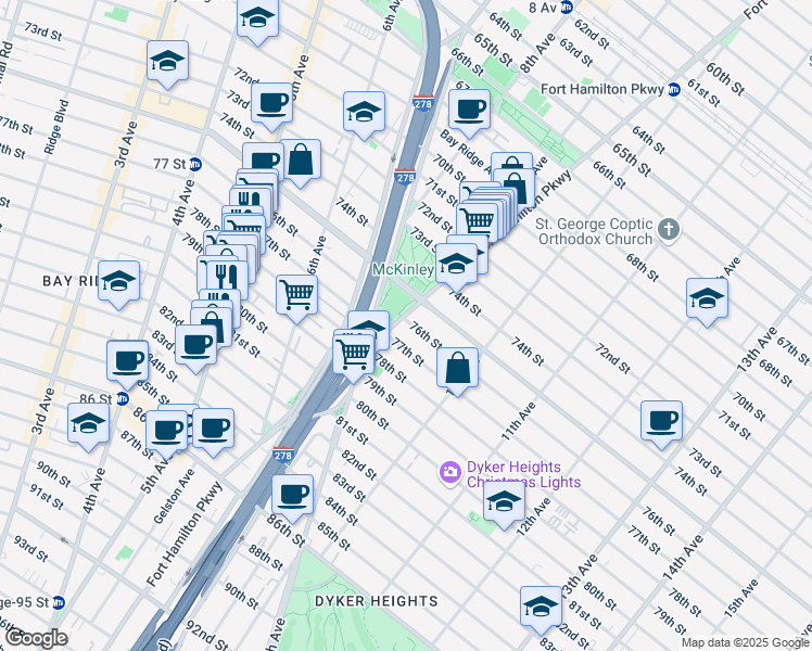 map of restaurants, bars, coffee shops, grocery stores, and more near 913 77th Street in Brooklyn