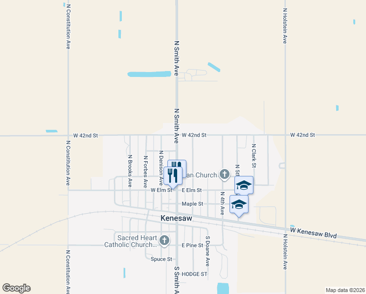 map of restaurants, bars, coffee shops, grocery stores, and more near 401-699 N Perkins Ave in Kenesaw
